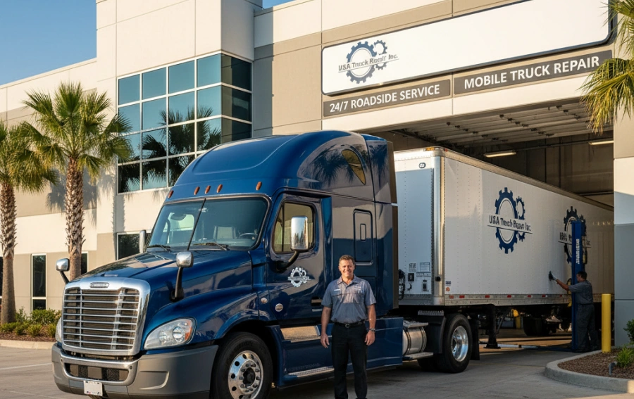 Blue semi truck parked with mechanic standing nearby under sign reading '24 7 Roadside Service Mobile Truck Repair' at service center